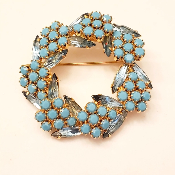 Austria Jewelry - Austria Blue Milk Glass And Rhinestone Navette Goldtone Blue Floral Brooch